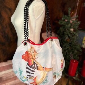 DSW Red & White Slouch Hobo Bag w/ Water Color Lady & Floral Design